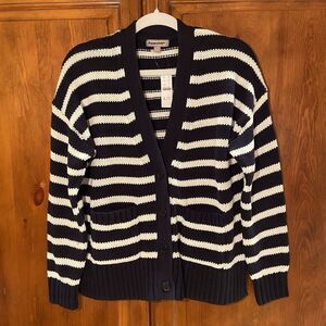 J.CREW Heritage Cotton Relaxed Cardigan Striped Navy Ivory Chunky Knit Size S